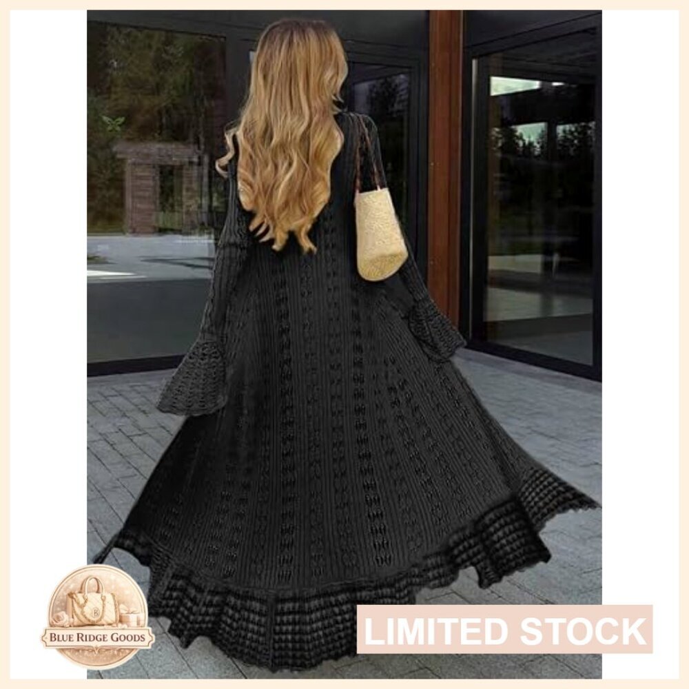 Crochet Maxi Duster Cardigan Lightweight Bell Sleeves Ruffle Hem Y2K - Picture 2 of 7